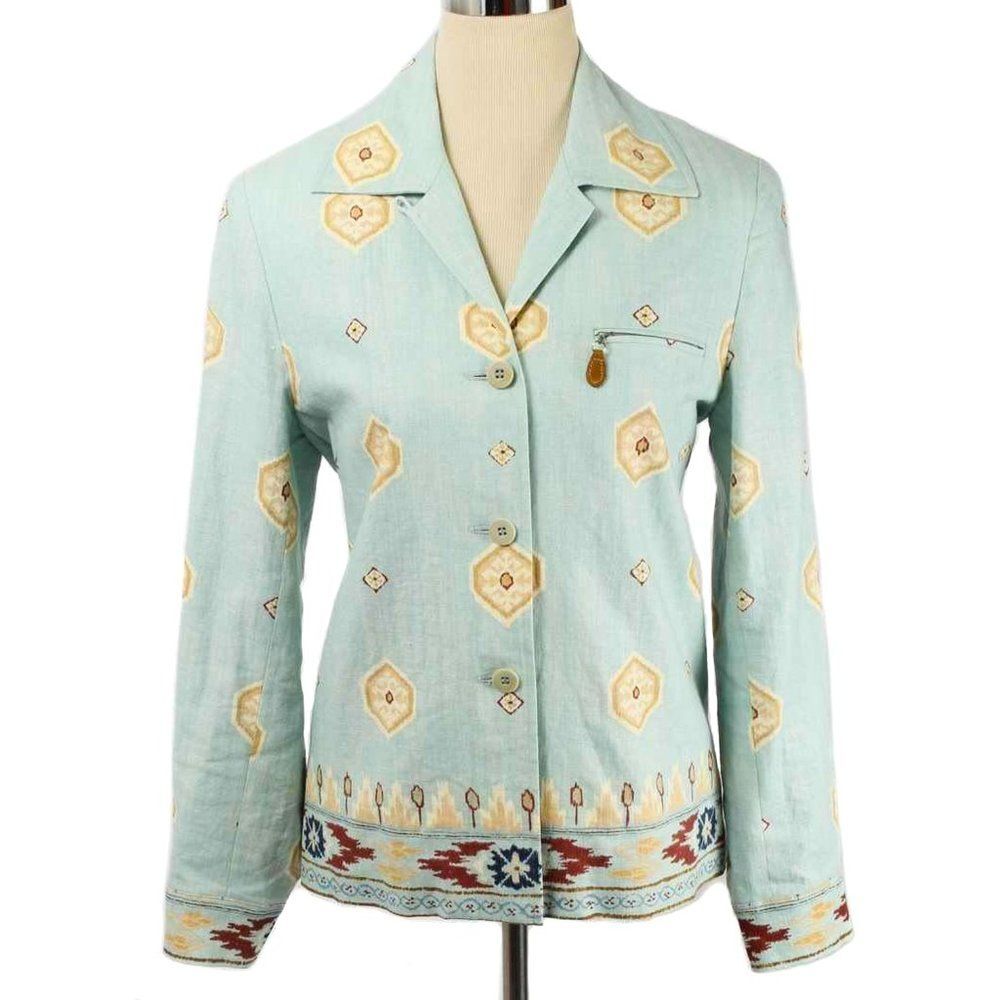 DONCASTER Blue Tribal Southwest Linen 3 Button Blazer Jacket Women's Size 6